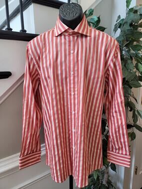 Steven Land Button Down Shirt Men's Size 34/35 Bold Red White 100% Cotton